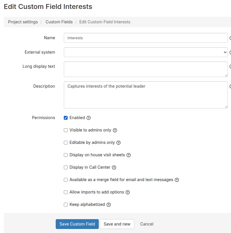 Custom field configuration form