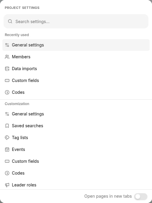 Custom fields settings page