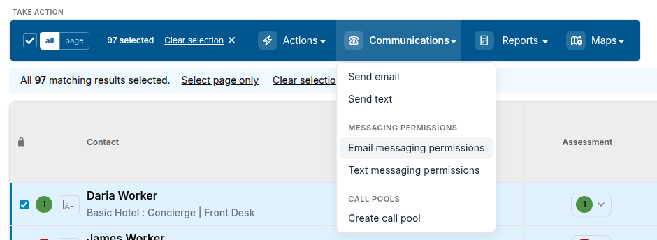 Communications menu open on the search results page with Email messaging permissions highlighted