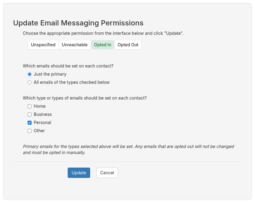 Update Email Messaging Permissions panel with Opted In selected, Just the primary chosen, and only the Personal type checked