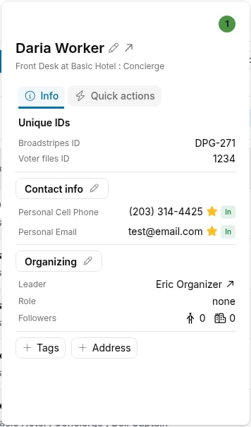 Quick view panel with the Contact info heading and the worker's phone and email entries