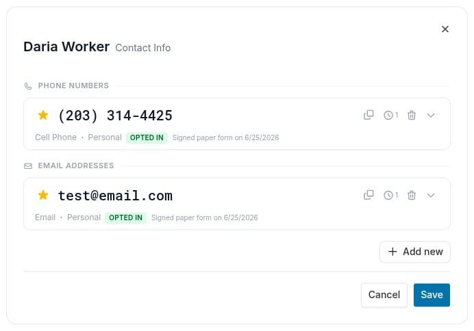 Contact Info dialog showing a cell phone card and an email card, each with an Opted In badge
