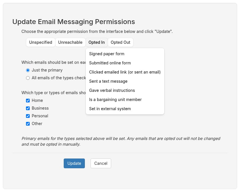Update Email Messaging Permissions panel with the Opted In reasons open