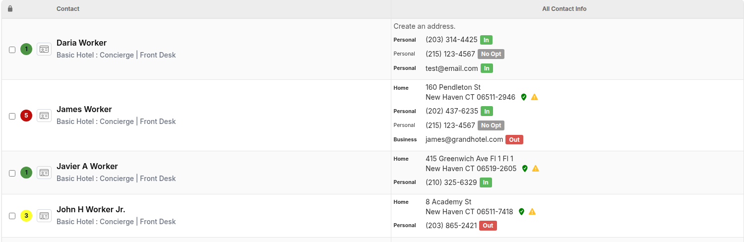 Search results with the All Contact Info column showing In, Out, and No Opt badges next to phone numbers and email addresses