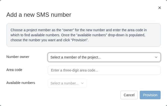 The Add a new SMS number dialog with Number owner, Area code, and Available numbers fields