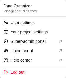 The user menu open, with User settings highlighted