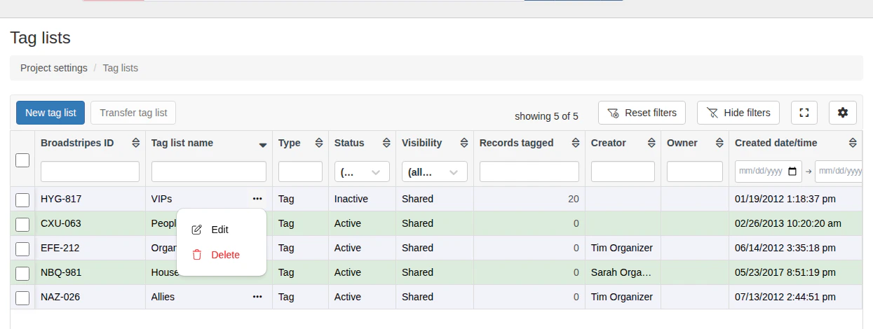 Tag list actions menu showing Edit and Delete options