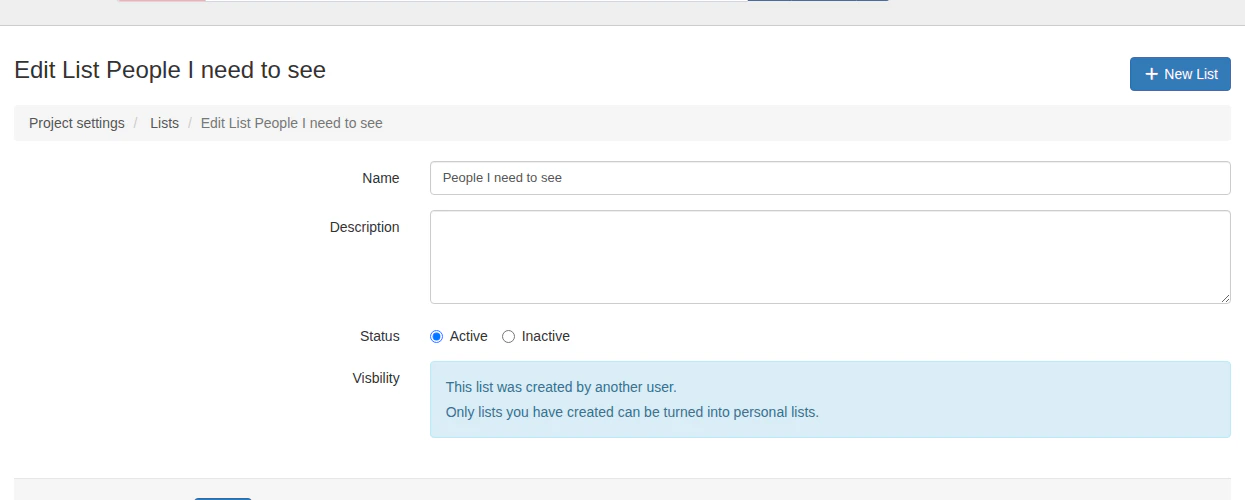 Edit tag list form showing name, description, status, and visibility fields