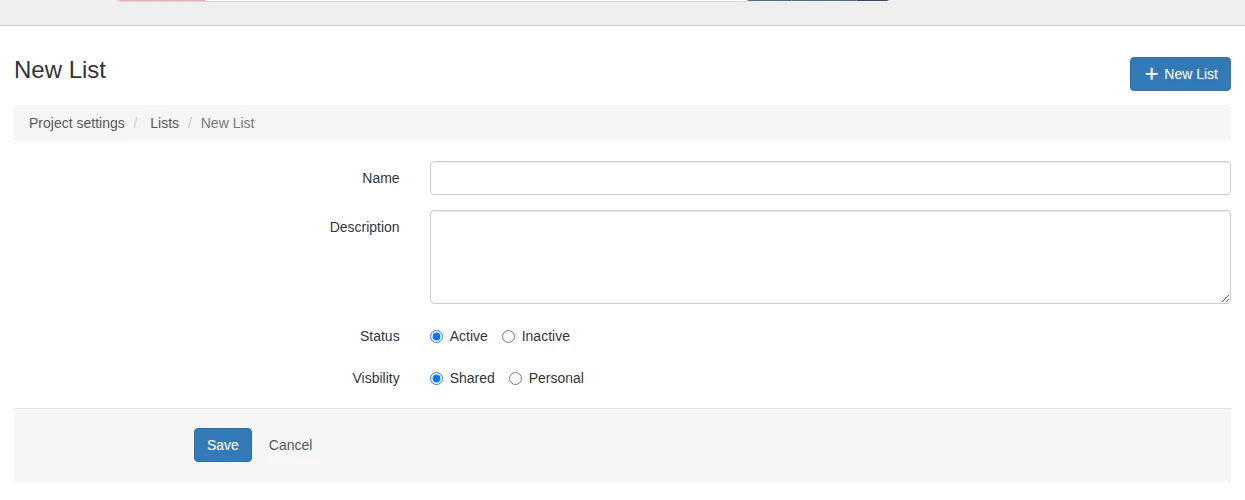 New tag list form with fields for name, description, status, and visibility