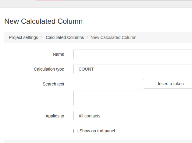New Calculated Column form with fields for name, calculation type, search text, applies to, and show on turf panel