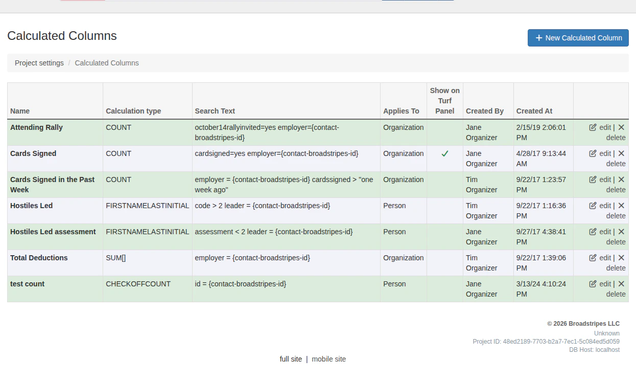 Calculated columns settings page showing a table of existing columns with name, calculation type, search text, and other details