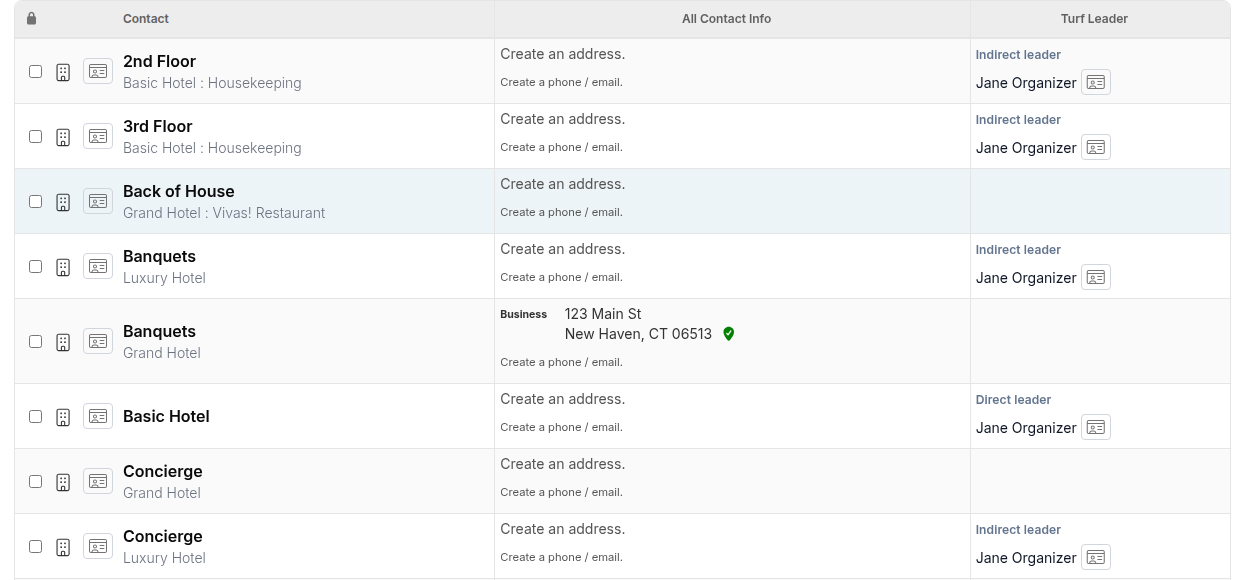 Turf Leader column in search results showing leader names with Quick View buttons and a Direct leader label on an organization row