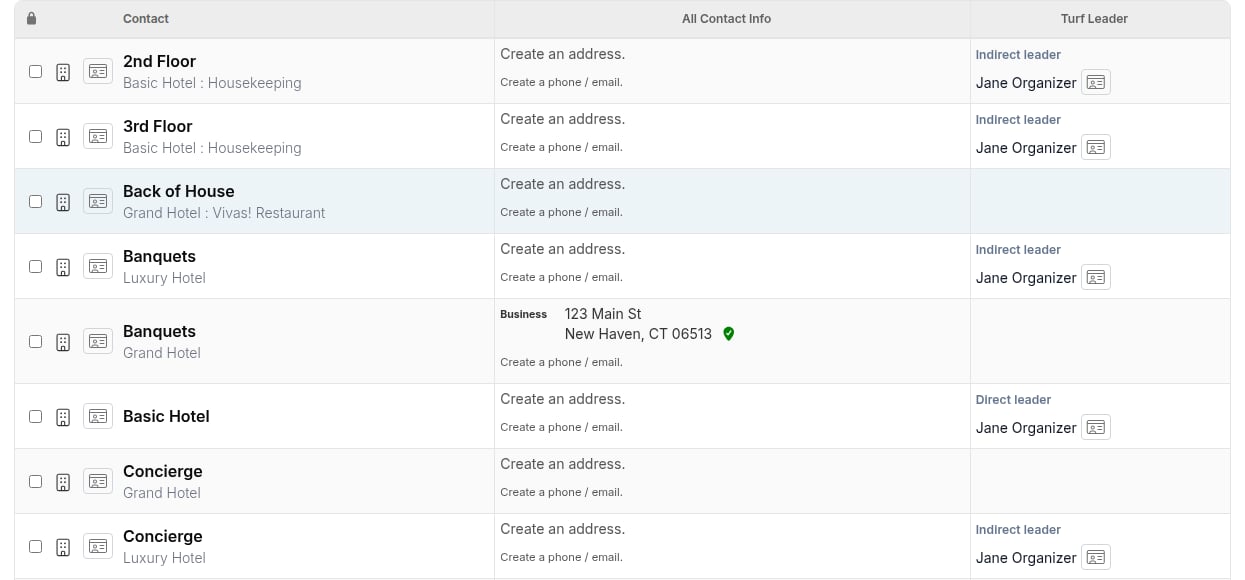 Turf Leader column in search results showing leader names with Quick View buttons and a Direct leader label on an organization row