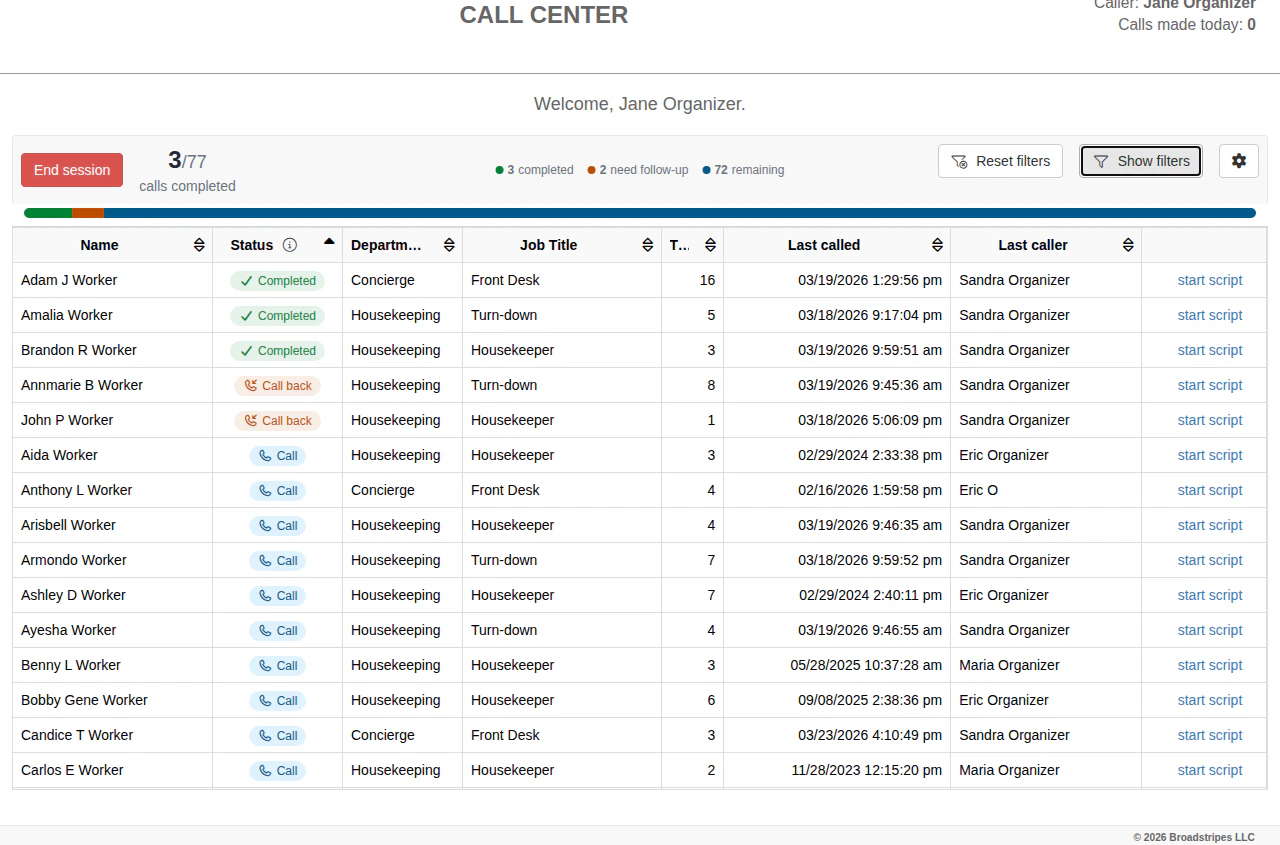 At-Will call pool list showing the status column with Completed, Call back, and Call badges, plus a progress bar at the top