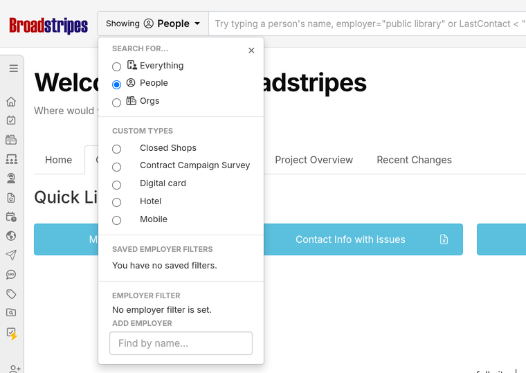 Filter dropdown open beside the search bar showing record type options and the employer filter