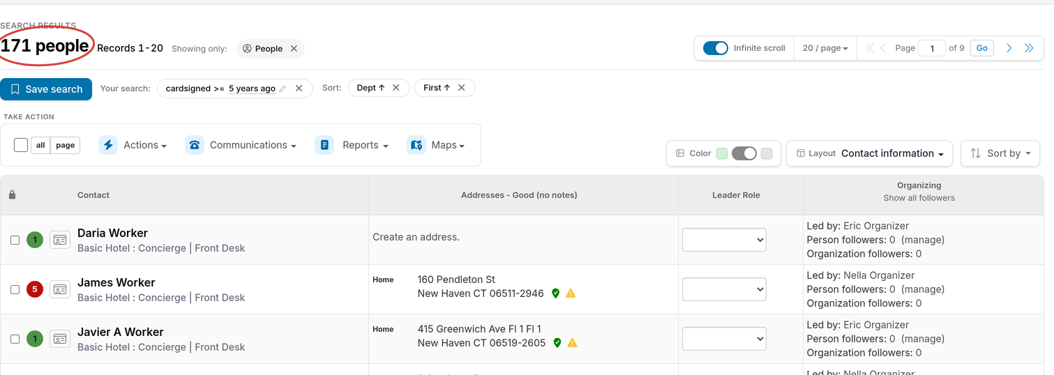 Search results for a card-signed date search showing the total count and the Records 1-20 range
