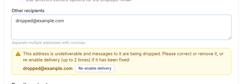 Warning panel shown below Other recipients when a BCC address is undeliverable