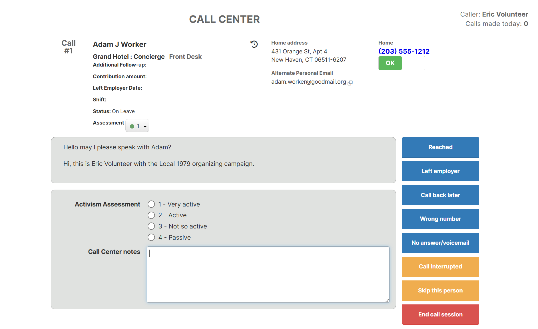 Call Center Interface