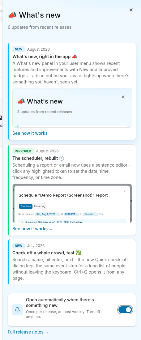 What's new panel showing announcement cards
