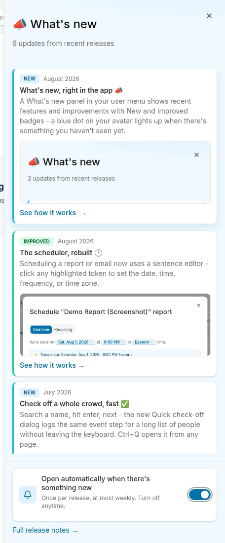 What's new panel showing announcement cards