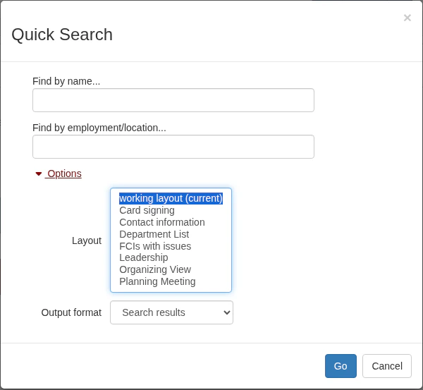 Layout dropdown showing saved layouts