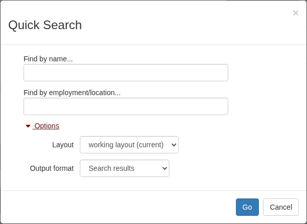 Quick Search with Options expanded showing Layout and Output format