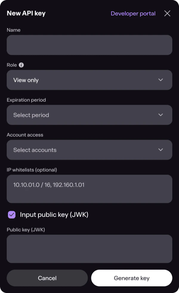 New API key form in Bron UI, with Input public key (JWK) ticked