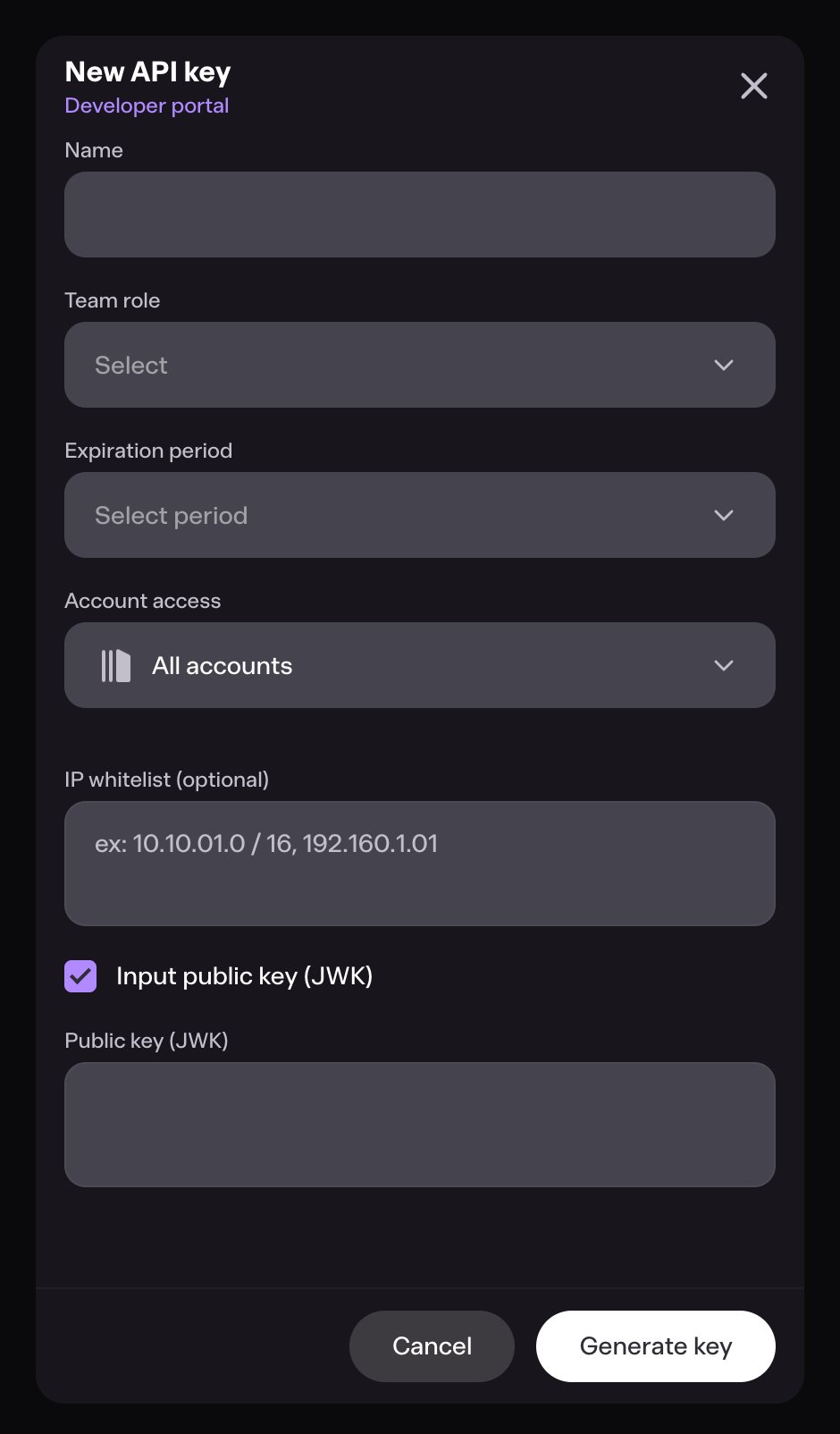 New API key form in Bron UI, with Input public key (JWK) ticked