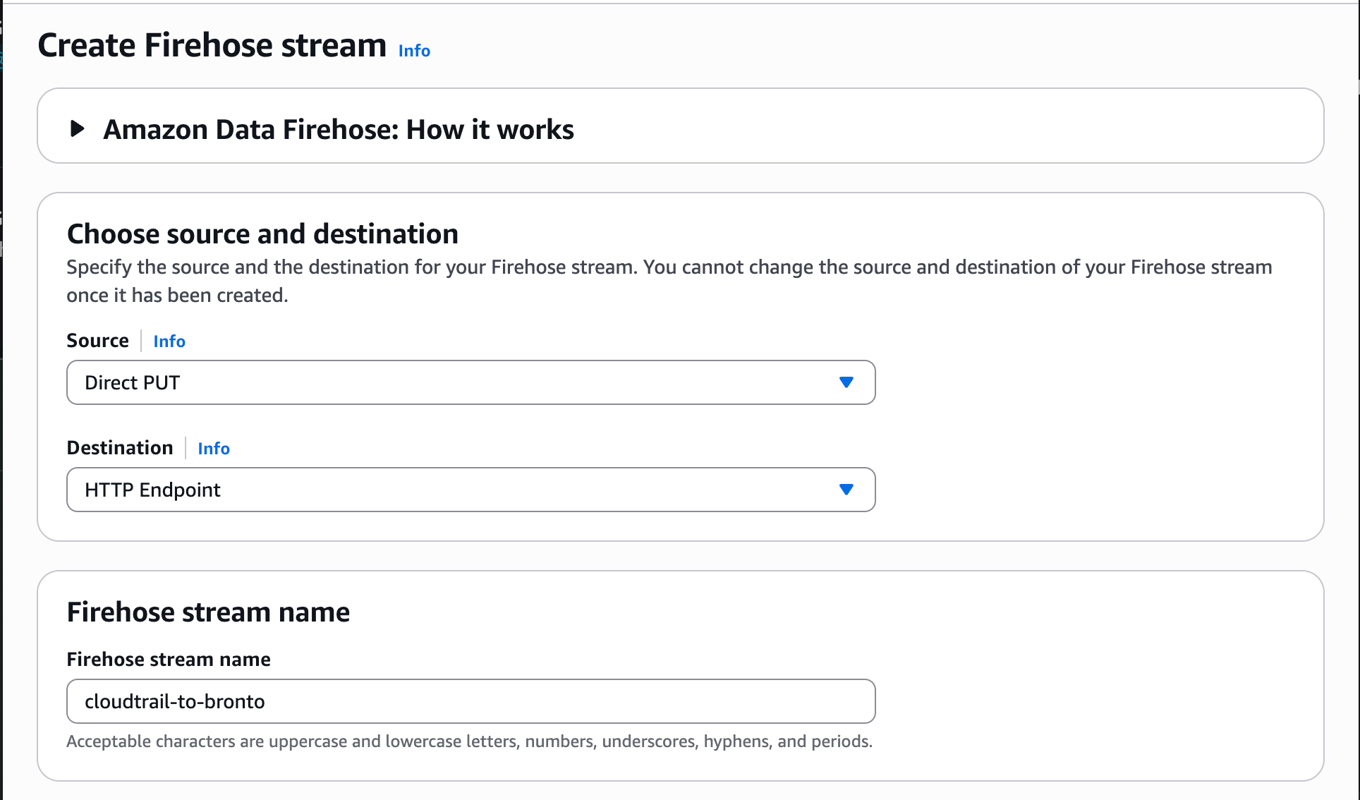 Create Firehose stream with source Direct PUT and destination HTTP Endpoint
