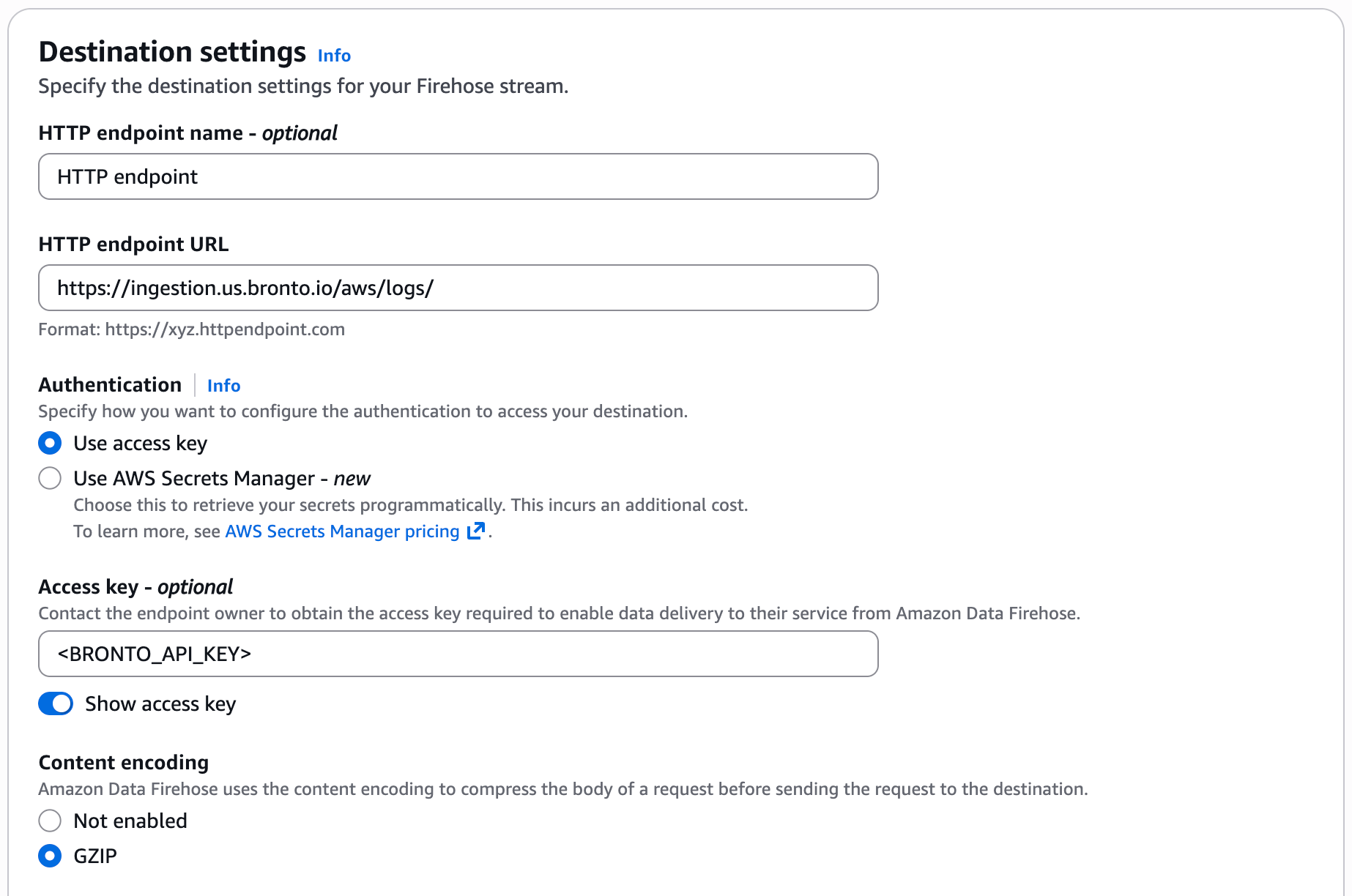 Destination settings: Bronto HTTP endpoint URL, access key, and GZIP content encoding