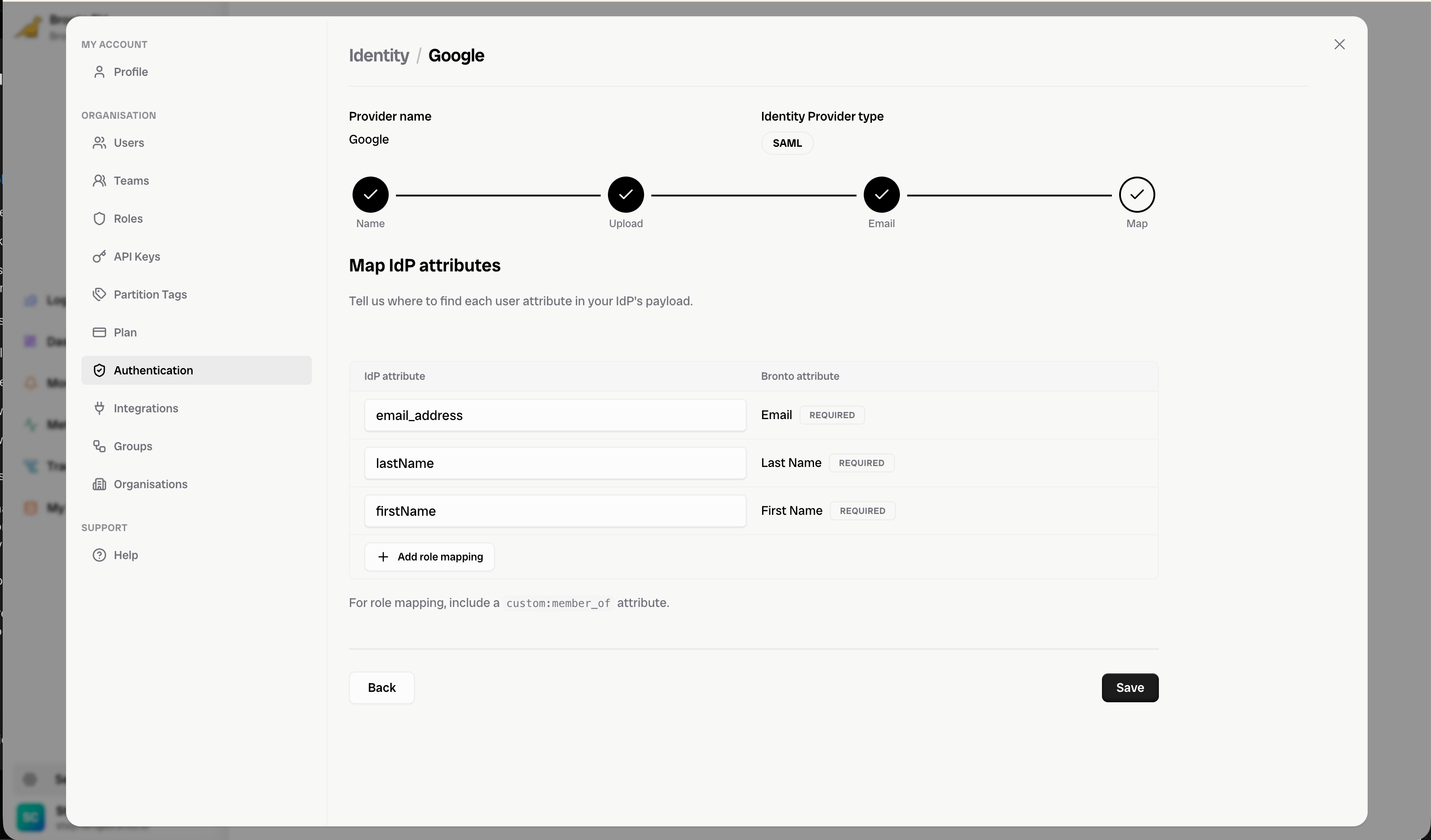 Map IdP attributes step