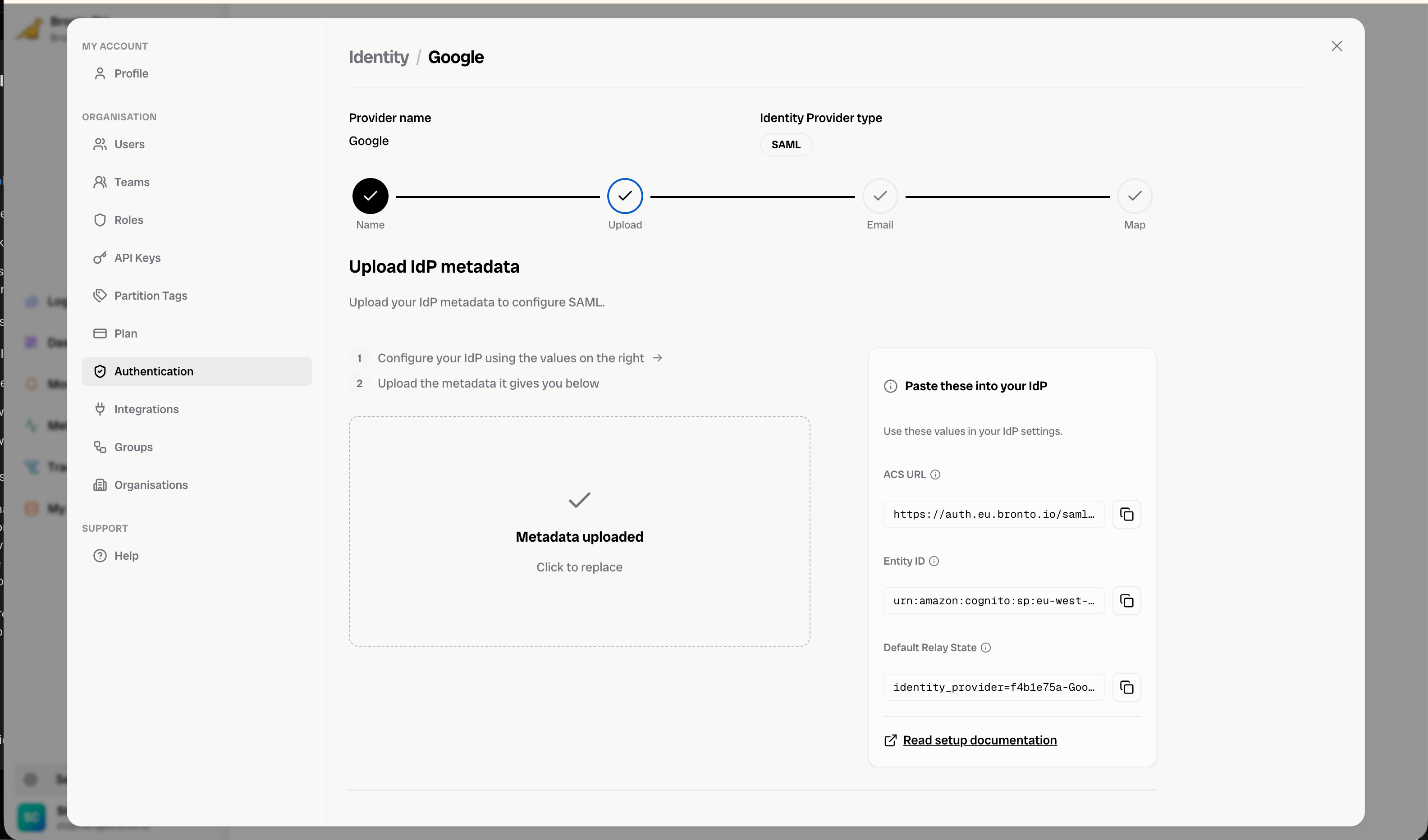 Upload IdP metadata step