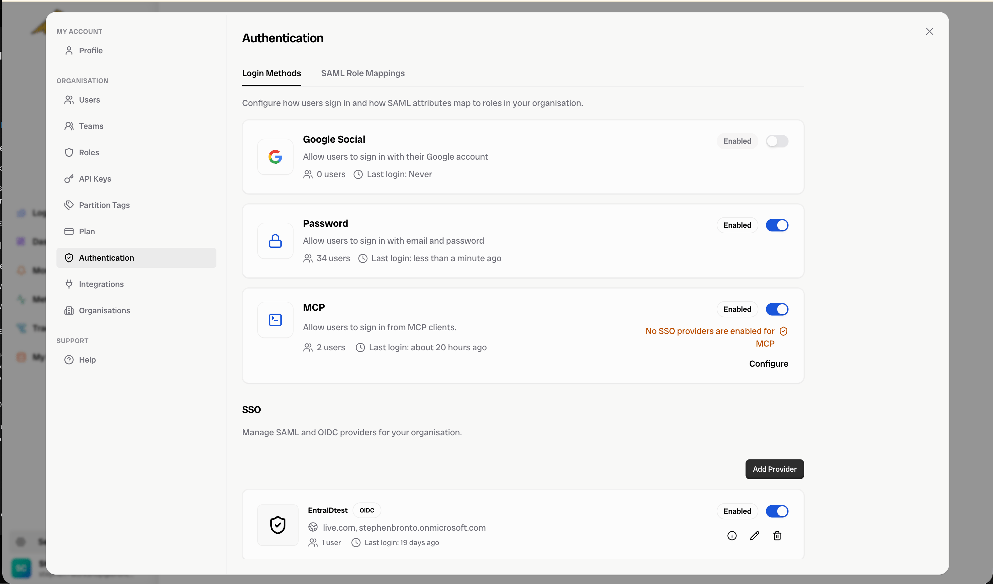 Authentication Login Methods with the SSO provider list