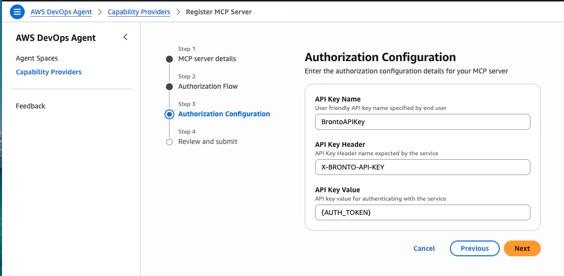 AWS DevOps Agent — Authorization Configuration step with the Bronto API key header