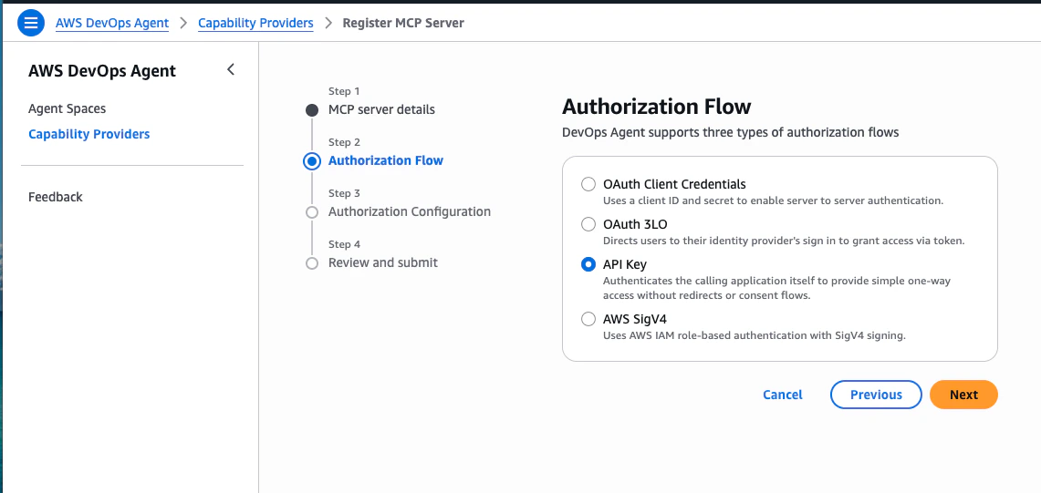 AWS DevOps Agent — Authorization Flow step with API Key selected