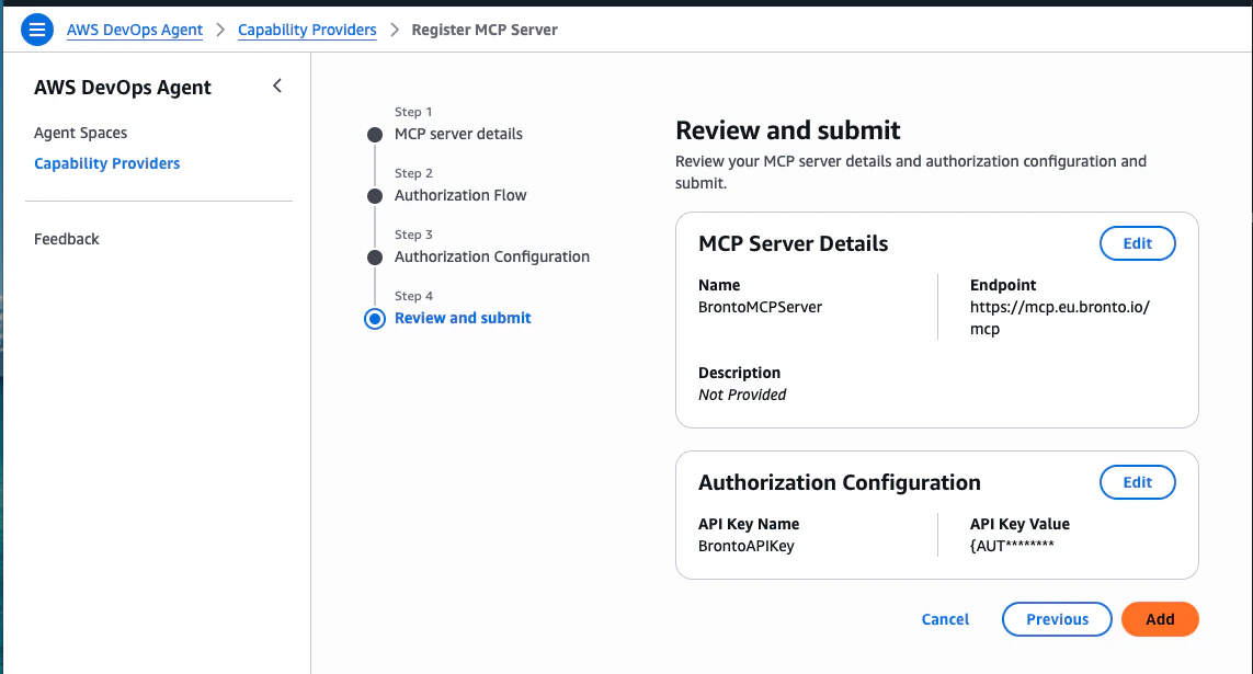 AWS DevOps Agent — Review and submit step showing the Bronto MCP server configuration