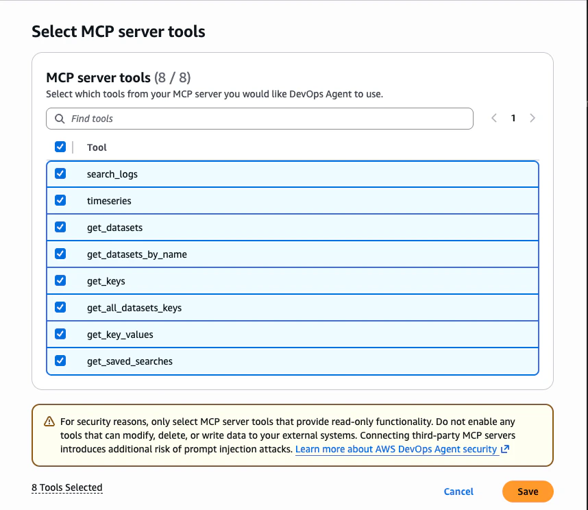 AWS DevOps Agent — Select MCP server tools, showing all eight Bronto tools