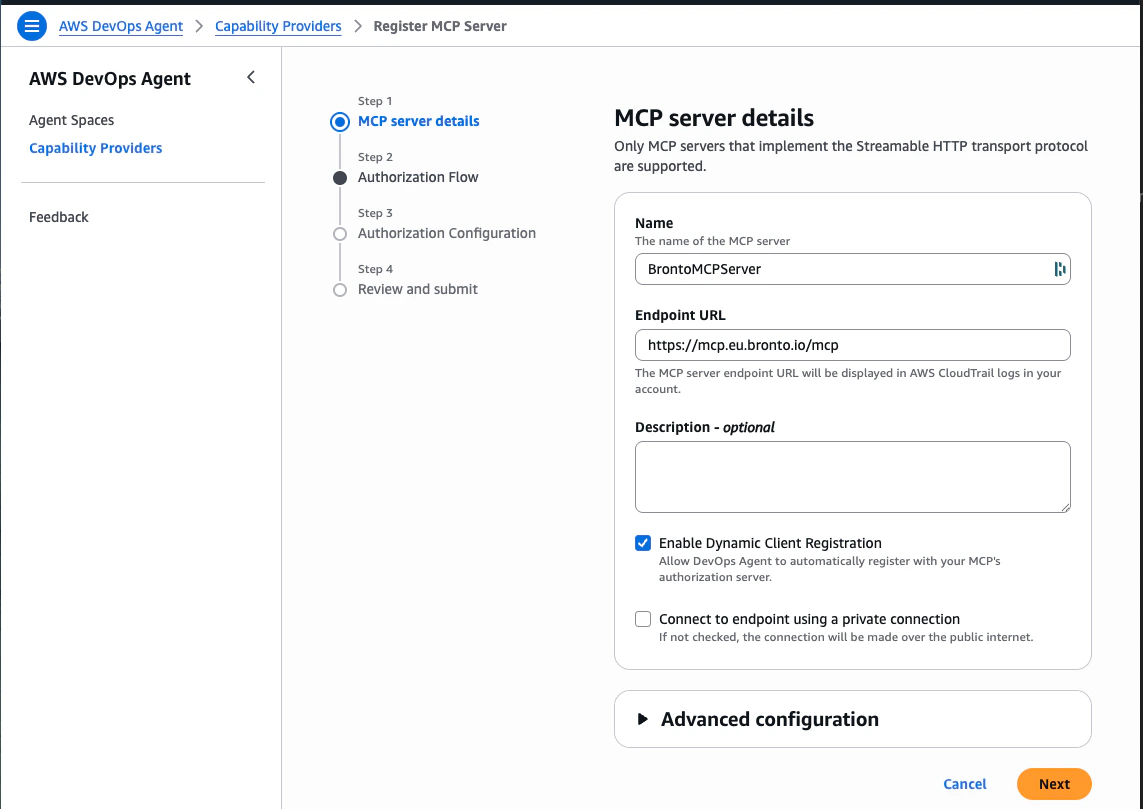 AWS DevOps Agent — MCP server details step with the Bronto endpoint URL