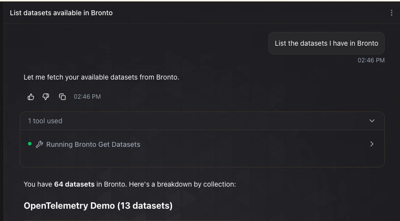 AWS DevOps Agent successfully calling the Bronto Get Datasets tool and returning a breakdown of datasets