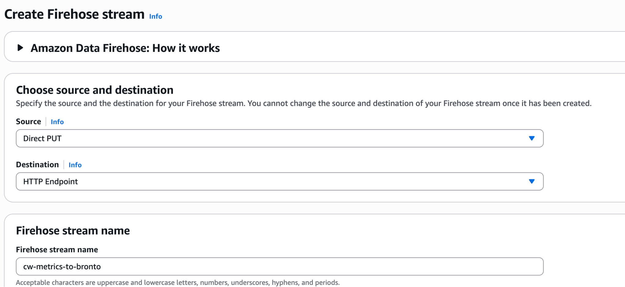 Create a Firehose stream with Direct PUT as the source and HTTP Endpoint as the destination