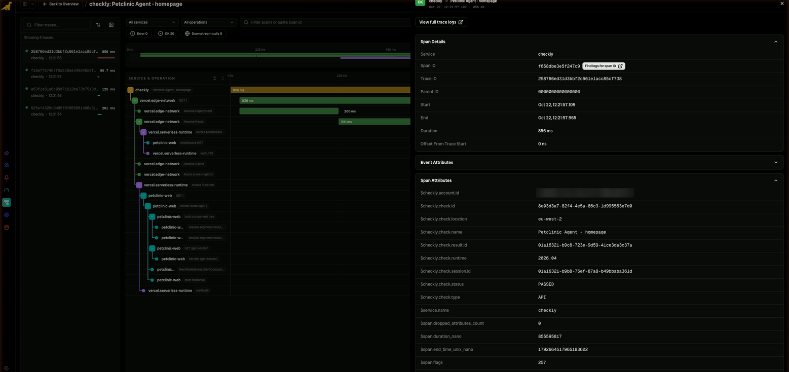 Span details of the checkly root span in Bronto: service checkly, duration 856 ms, and span attributes checkly.check.name Petclinic Agent - homepage, checkly.check.status PASSED, checkly.check.type API, checkly.check.location eu-west-2