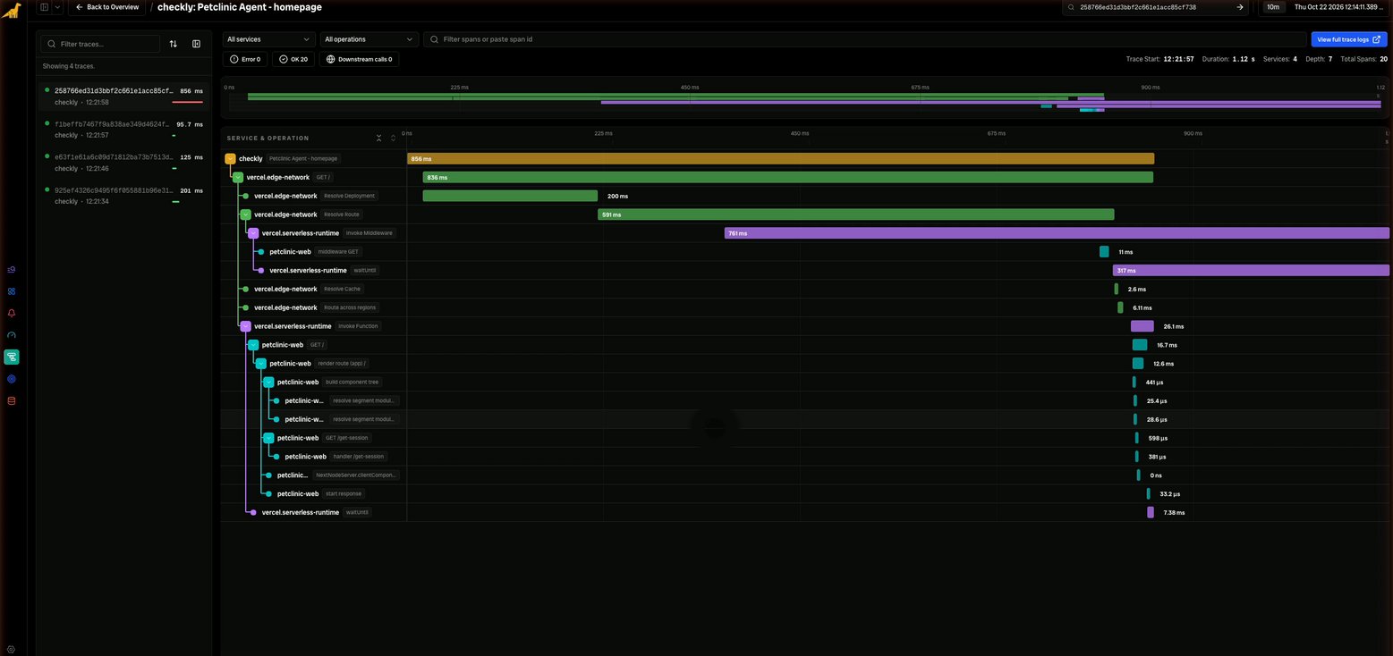 Bronto trace waterfall for checkly: Petclinic Agent - homepage, with the checkly span as the root, followed by vercel.edge-network, vercel.serverless-runtime, and petclinic-web spans, 20 spans across 4 services