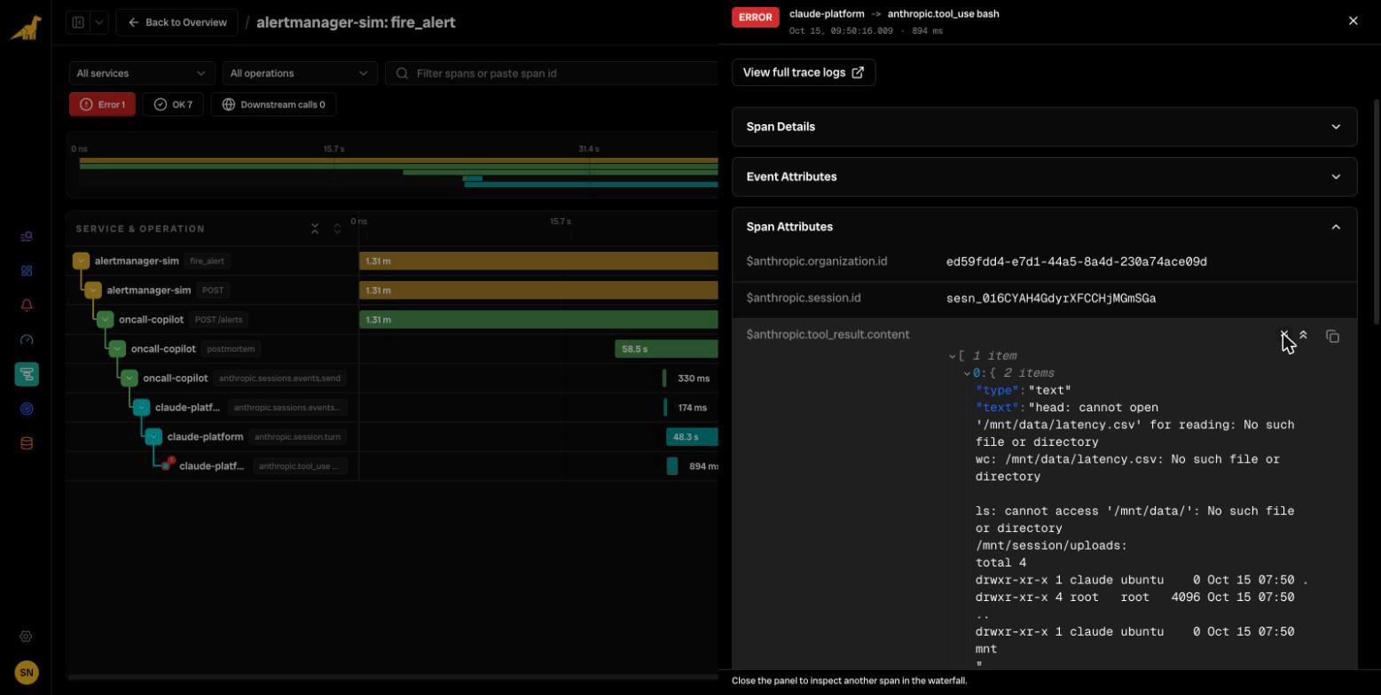 Bronto trace view filtered to errors: oncall-copilot postmortem, anthropic.sessions.events.send, anthropic.session.turn and a failed claude-platform anthropic.tool_use bash span, with its tool_result content showing 'No such file or directory'