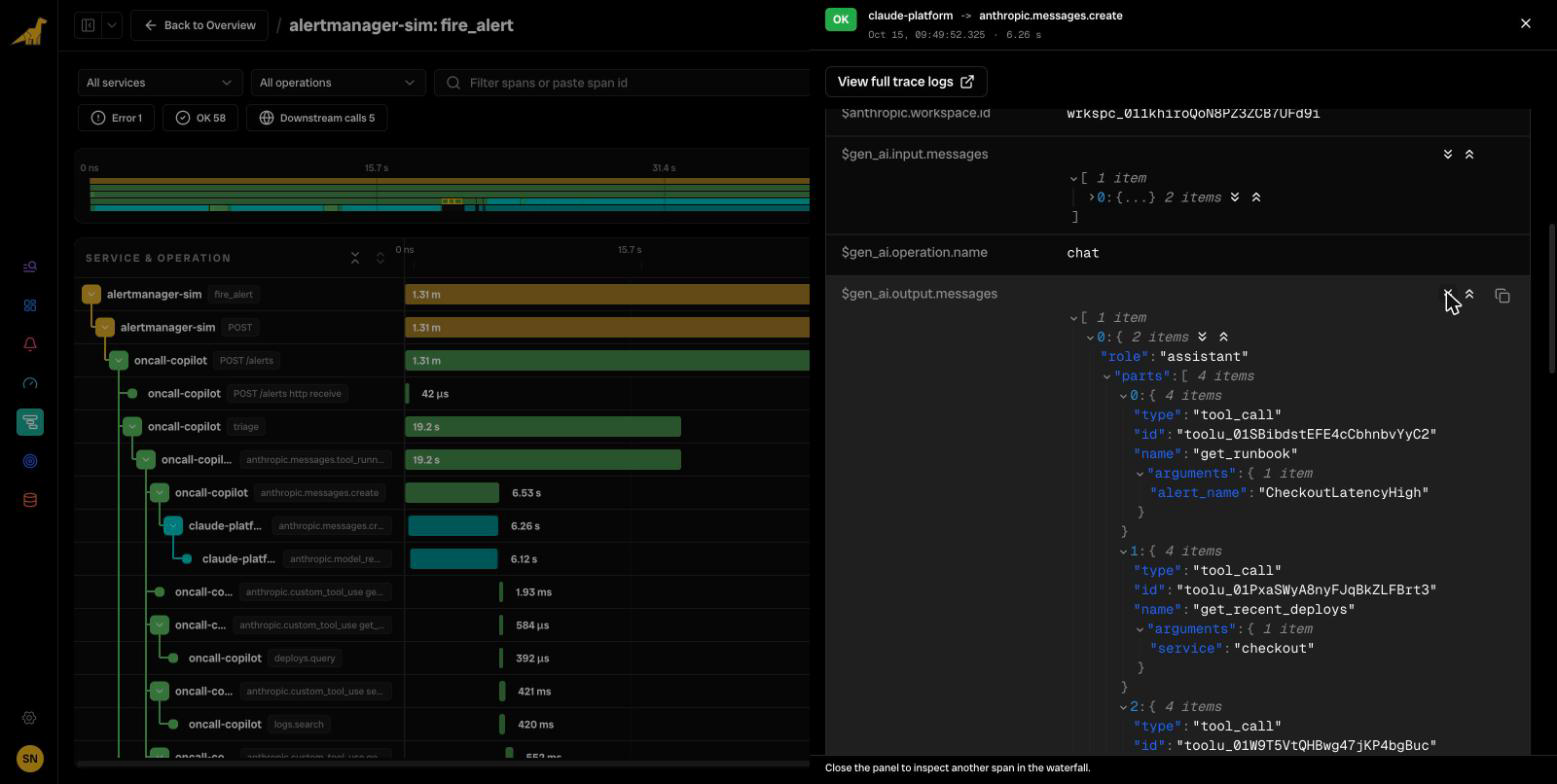 Span attributes of the claude-platform anthropic.messages.create span in Bronto: gen_ai.request.model claude-opus-5-5, gen_ai.request.reasoning.level low, and gen_ai.output.messages expanded to show tool_call parts for get_runbook and get_recent_deploys
