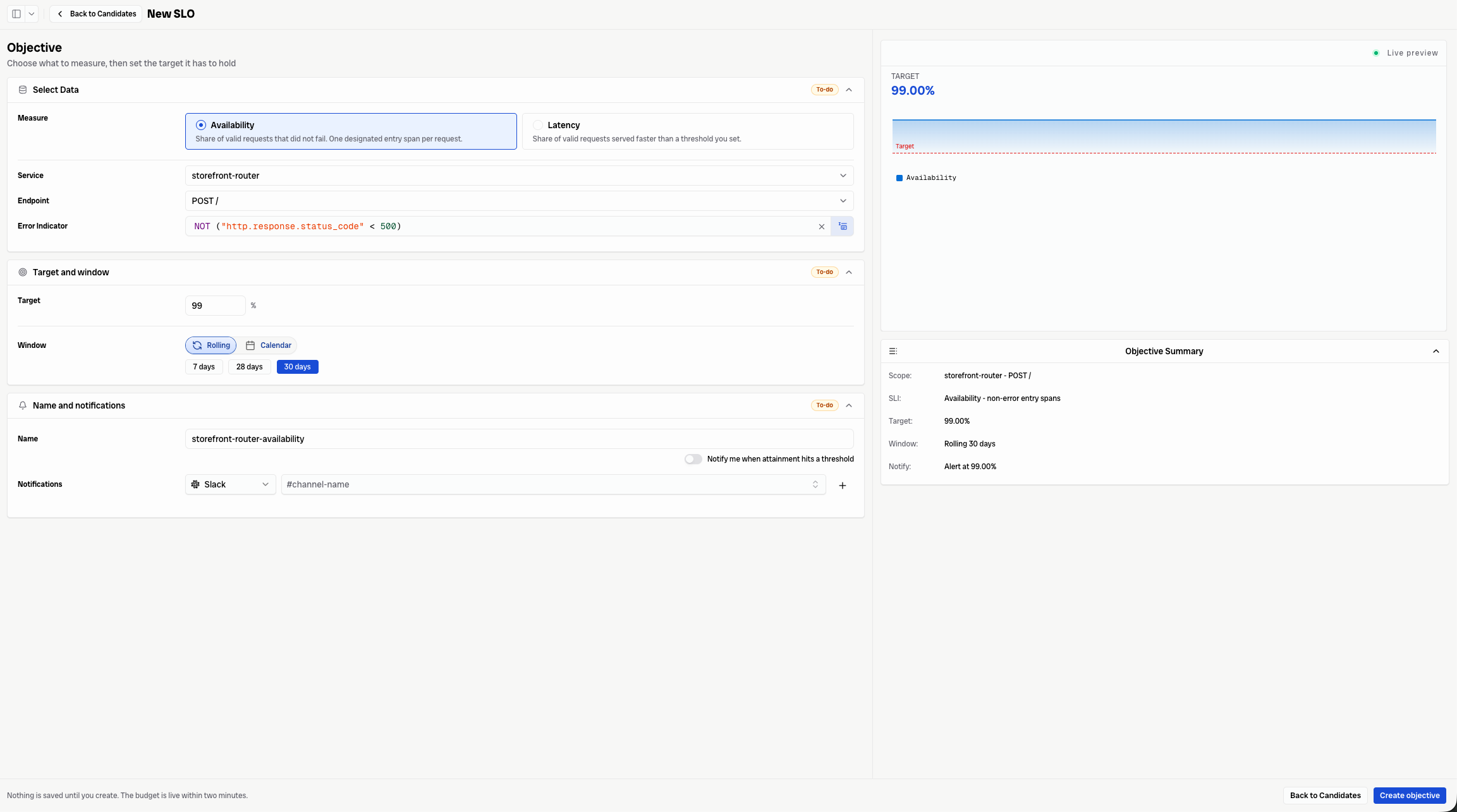 Create an availability SLO by selecting a service, endpoint, error indicator, target, window, and notification