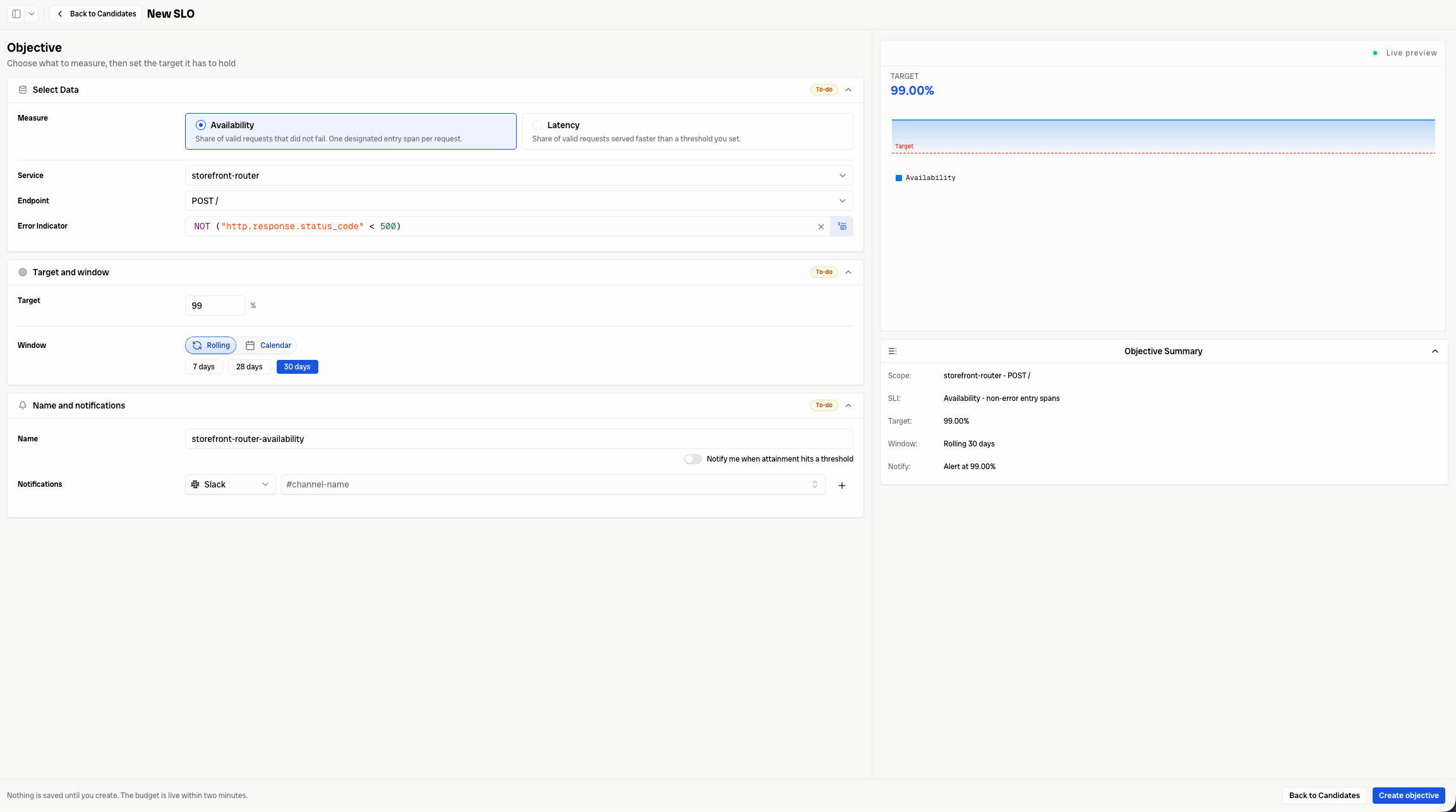 Create an availability SLO by selecting a service, endpoint, error indicator, target, window, and notification