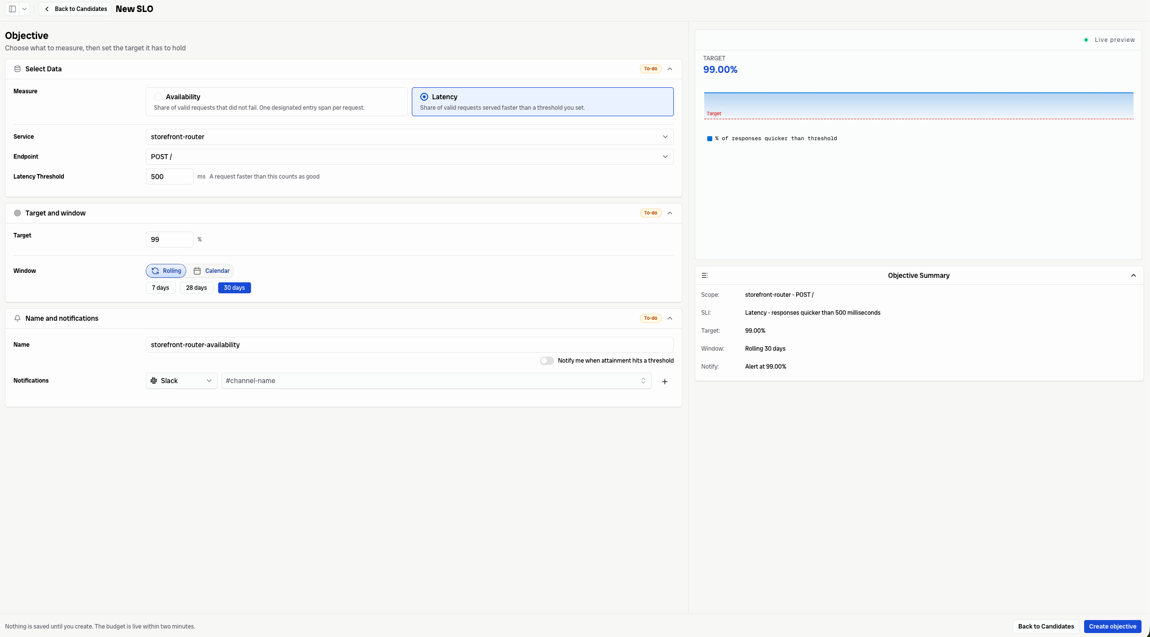 Create a latency SLO by selecting a service, endpoint, latency threshold, target, window, and notification