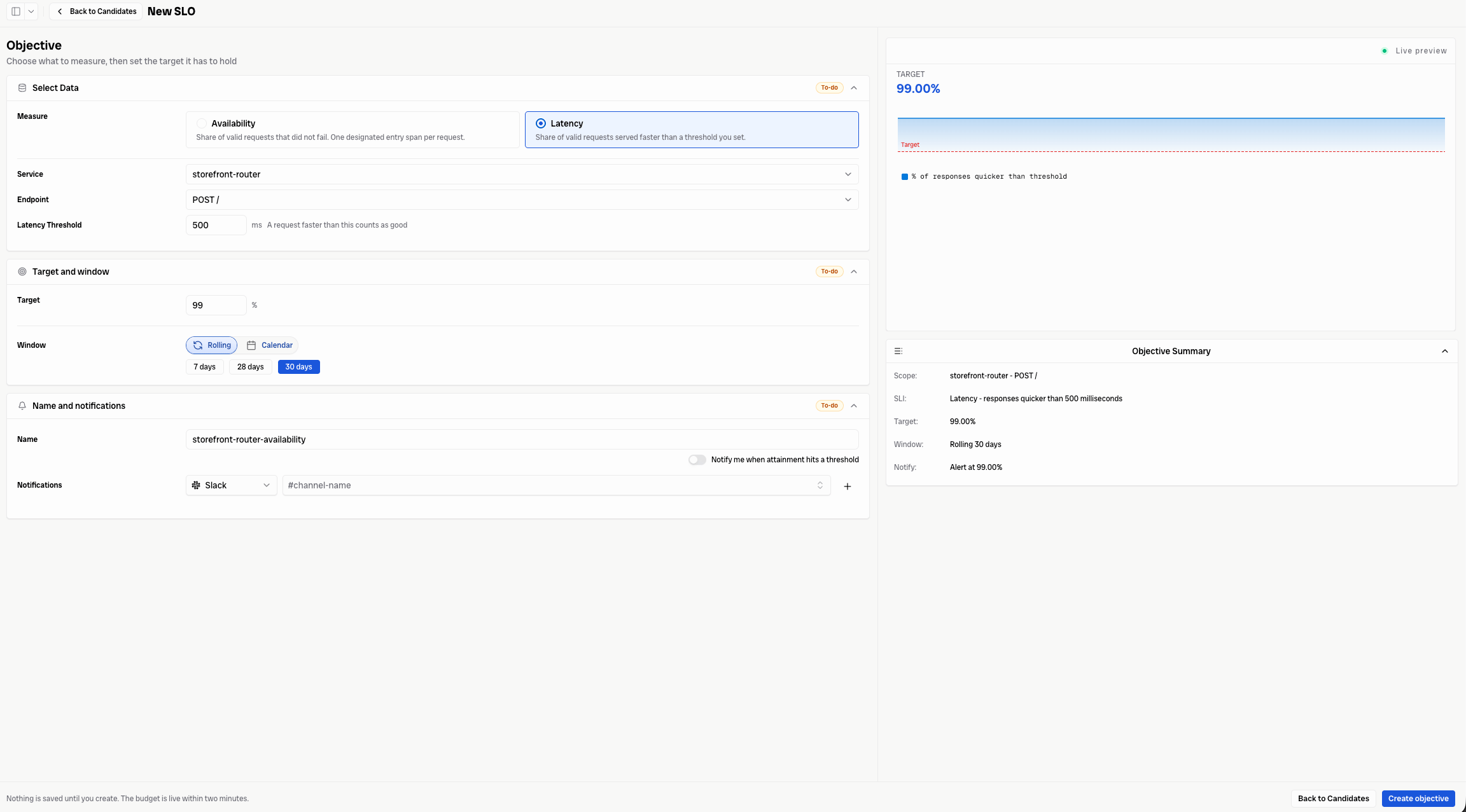 Create a latency SLO by selecting a service, endpoint, latency threshold, target, window, and notification