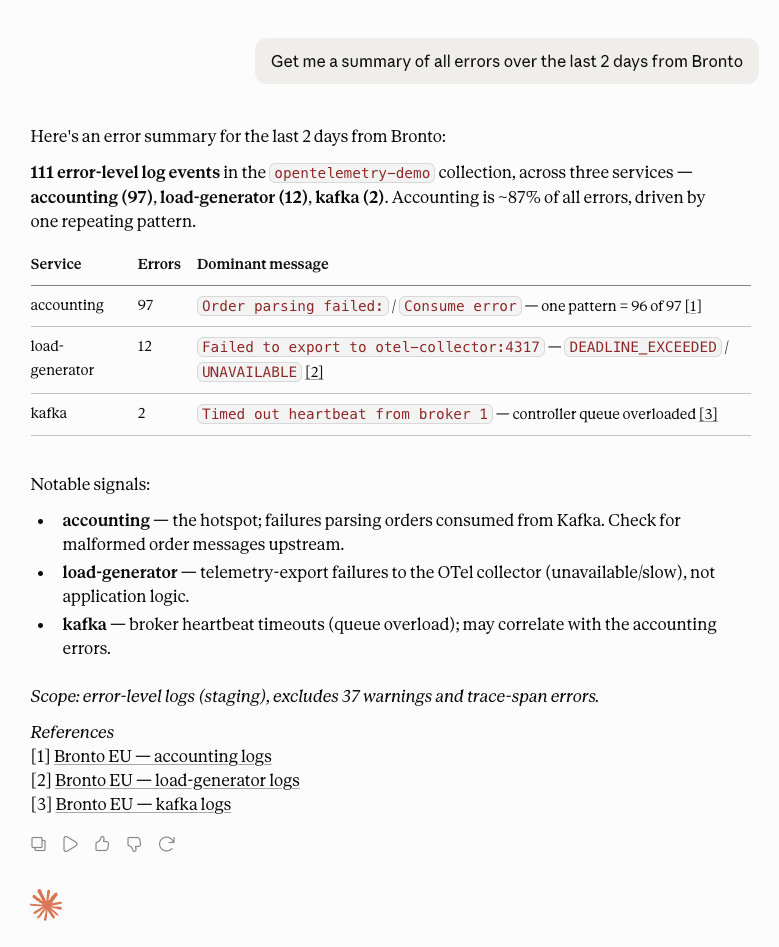 Claude using the Bronto MCP server to summarize errors from the OpenTelemetry Demo