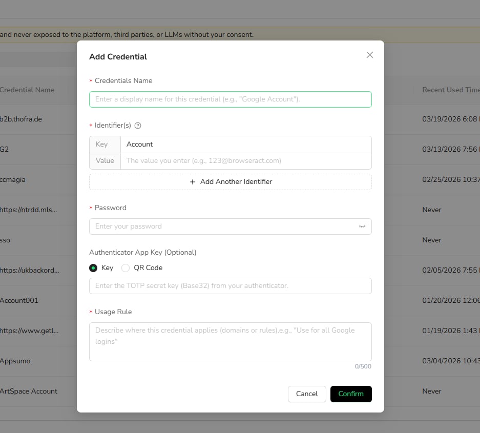 Complete the Add Credential form